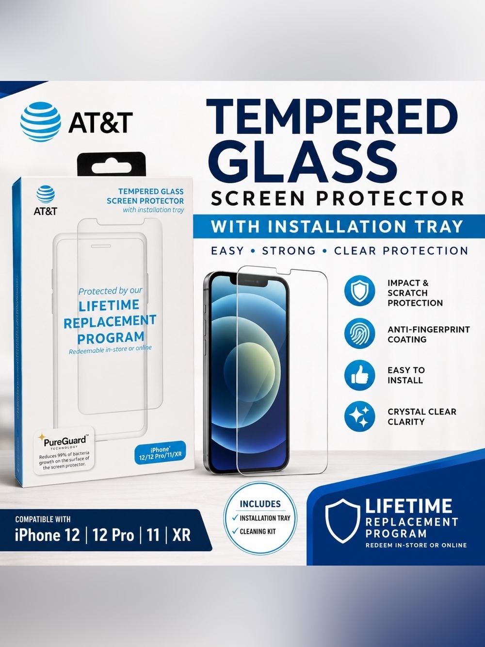 AT&T Tempered Glass Screen Protector w/ Installation Tray iPhone 12/12 Pro/11/XR